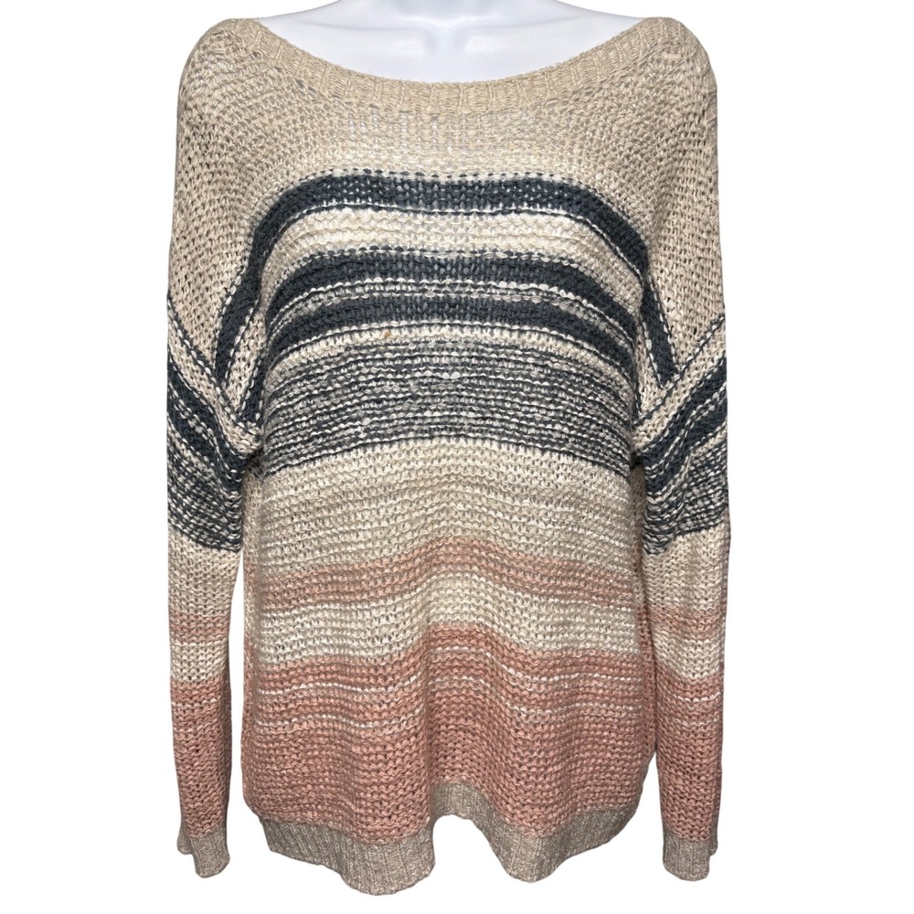 CUPCAKES AND CASHMERE Womens Beige Striped Open Knit Sweater M Mohair Boho Girly